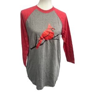 New Hand Printed Womens Small Red Cardinal Bird 3/4 Sleeve Cotton Blend Tee